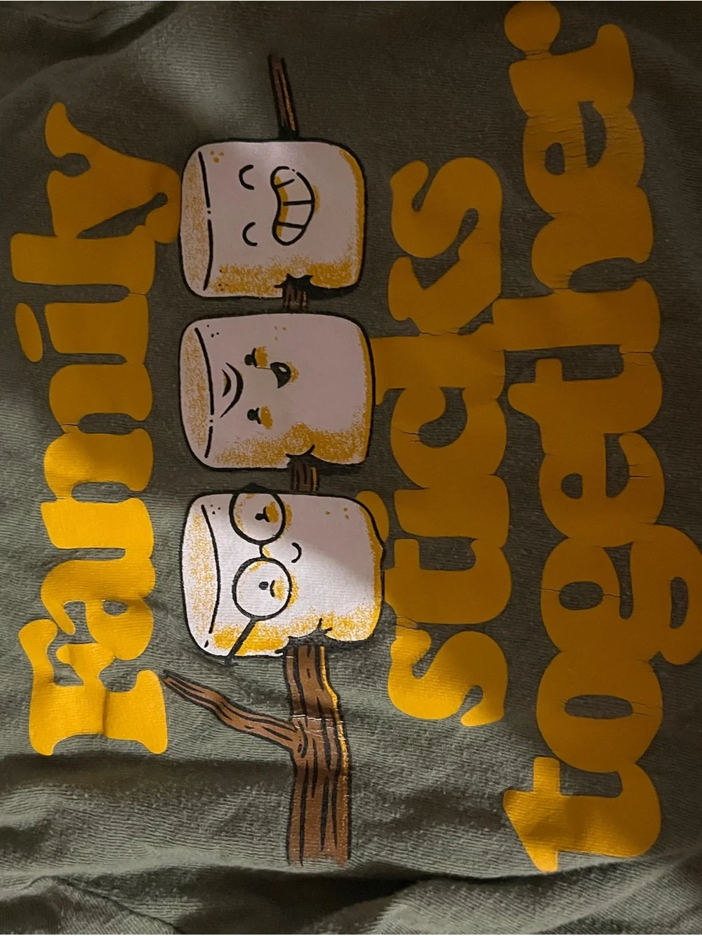 Old Navy Olive Green Long Sleeve Tee with Yellow Marshmallow Graphic